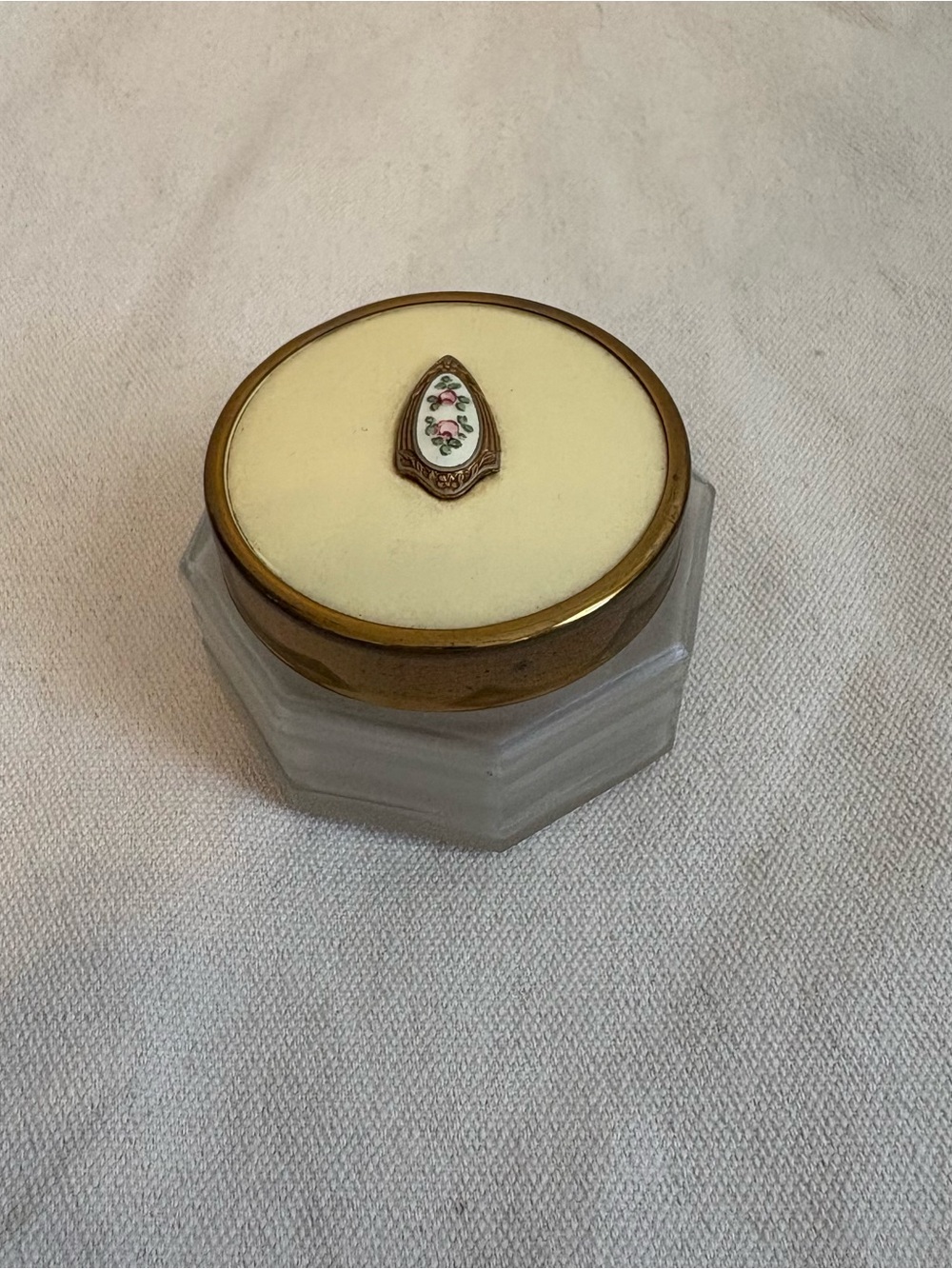Vintage Hexagon Glass Apothacary Powder Jar with Floral Medallion Lid